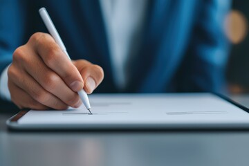 A close-up of a hand using a stylus to write or draw on a digital tablet, set against a blurred professional background.
