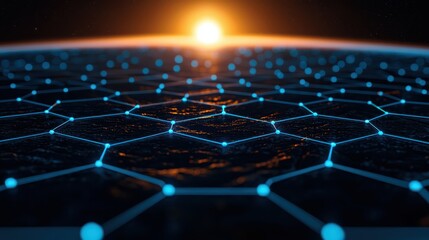 A digital network of glowing hexagons and nodes stretches across the Earth as the sun rises over the horizon, symbolizing global connectivity and technology.