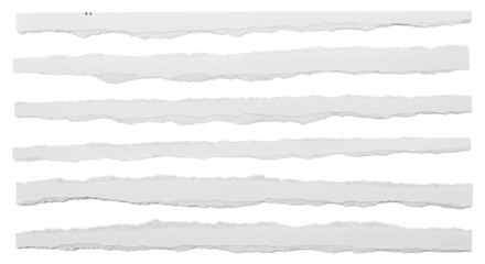 Distinct horizontal strips of torn white paper with ragged, uneven edges and subtle gray shading, isolated on a pristine transparent background with copy space, bright even lighting, concept for