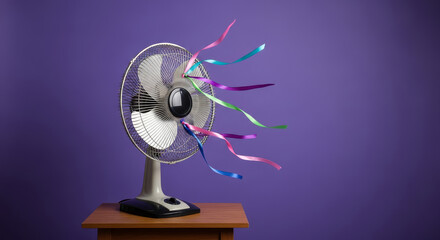 Electric fan with colorful ribbons blowing on a wooden table