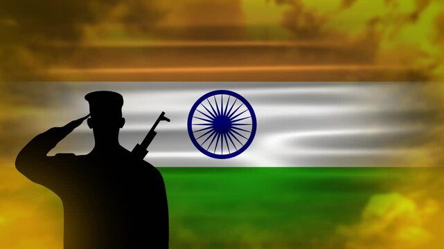 army man saluting indian flag animation with yellow cloud time lapse background. patriotism concept with salute pose.