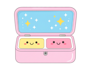 kawaii makeup kit open with sparkles, flat illustration, transparent background