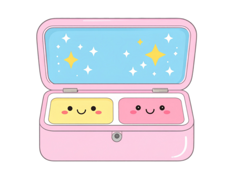 kawaii makeup kit open with sparkles, flat illustration, transparent background