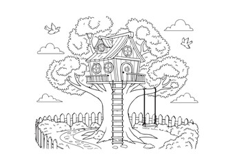 Obraz premium A whimsical treehouse with a swing set sits in a lush backyard