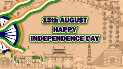 15th august and happy independence day blessings animation with indian historical structures and flower decoration in sketch texture.