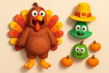 Fototapeta premium Cute thanksgiving turkey with colorful feathers and smiling green vegetables wearing hats surrounded by small pumpkins. concept of thanksgiving celebration, festive decor, holiday symbols.