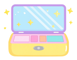 kawaii makeup kit open with sparkles, flat illustration, transparent background