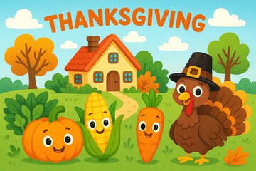 Fototapeta premium Cute thanksgiving illustration with cartoon turkey, pumpkin, corn, and carrot in front of a cozy house. concept of harvest festival, autumn celebration, thanksgiving holiday.
