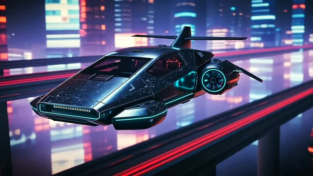 Futuristic hovercar glides over a neon-lit city at night