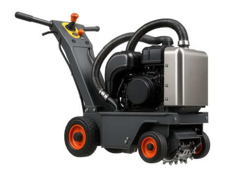 Self-propelled concrete milling machine with a diesel engine and integrated vacuum system for dust control in highway maintenance.