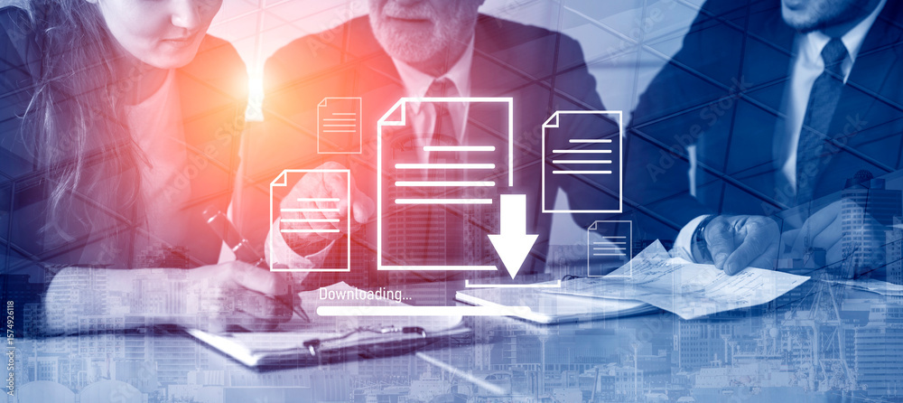 Poster visual representation of digital document downloading, showing file transfer, data access, and progr