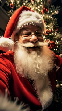 Elderly man white beard red suit smiling warmly, posing for a selfie in front of a blurred festive Christmas tree with lights