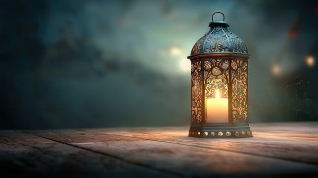 Elegant Arabic lantern with flickering candle illuminates a tranquil setting in the evening twilight