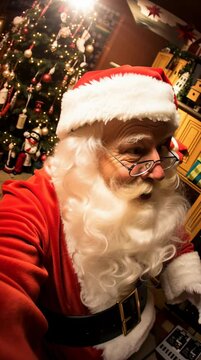 White bearded senior man with light skin wearing red costume and spectacles in festive Christmas setting