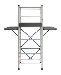 Scaffold tower with extendable side platforms and robust construction for facade cleaning and maintenance