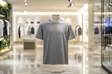 Stylish grey tshirt displayed on a mannequin inside a fashion boutique, offering apparel and retail shopping experience.