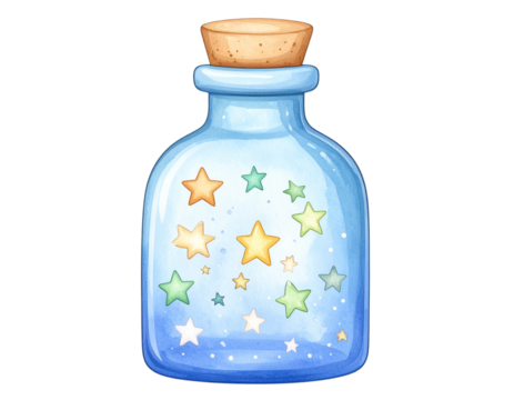 magic potion bottle with glitter stars, whimsical style, transparent background