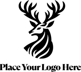 Minimalist black and white deer head logo template with large antlers and bold serif text for branding