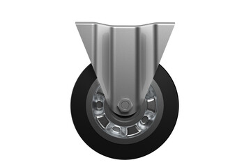 High Definition 3D Render of an Isolated Heavy Duty Industrial Caster Wheel with Metal Bracket and Dark Rubber Wheel on Transparent Background for Mobility Solutions, Furniture, and Equipment Parts