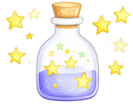 magic potion bottle with glitter stars, whimsical style, transparent background