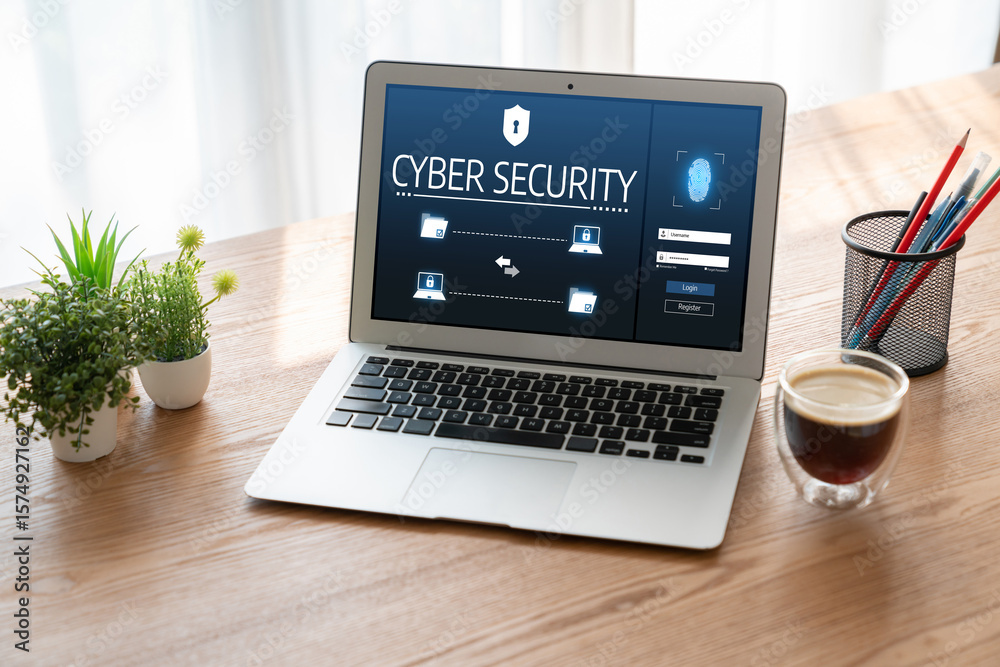 Poster cyber security system on computer screen protect private information snugly from hacker and cyber at