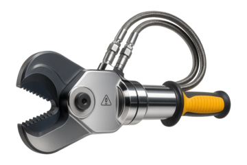 High-pressure hydraulic shear with a serrated blade for efficient cutting of rebar in construction.