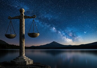 Cosmic Justice: Ancient Scales of Justice Statue Against a Breathtaking Milky Way Sky Over a Serene Lake and Mountains, Symbolizing Universal Balance, Law, and Divine Order.
