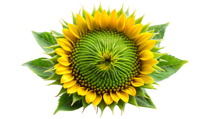 Close up of a partially opened sunflower bud with fuzzy green sepals and yellow petals isolated on a transparent background