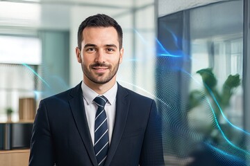 Confident businessman in suit with technology overlay smiles in modern office environment with natural lighting and contemporary design showcasing digital integration.