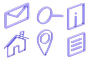 Modern 3D icometric line icon set featuring six essential web interface symbols in purple. Home, location pin, magnifying glass search, email envelope, information icon, and menu navigation panel.