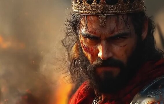 Biblical christian Kind David powerful king commanding his army in battle making telling great motivation speech