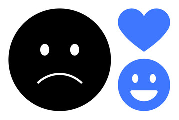 Large black sad face juxtaposed with a blue happy face and heart. Ideal for mental health, emotions, relationships, mood balance, self-care, decision-making, simple landing page