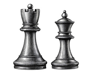 Detailed black and white illustration of a king and queen chess pieces with intricate shading isolated on a transparent background