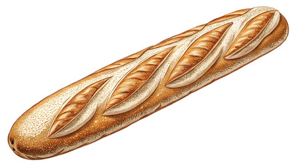 Detailed illustration of a golden brown French baguette with scoring marks in a stippling style isolated on a transparent background