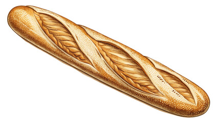 Detailed illustration of a golden brown French baguette with visible crumb texture and scoring in a vintage stippling style isolated on a transparent background