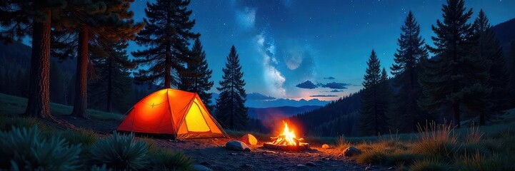A crackling campfire under a starlit summer sky, illuminating a tent nestled amongst towering pines The scene evokes peace and tranquility of a wilderness escape , night, nature