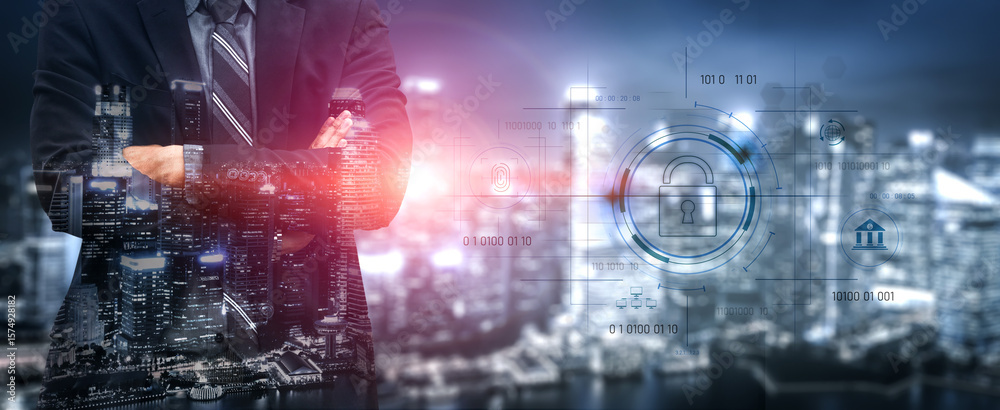 Poster cybersecurity system interface with biometric lock and data protection. cybersecurity protects acces