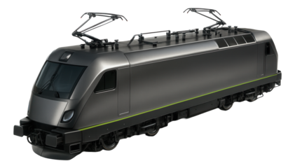Electric locomotive showcasing a tapered front end, wide windows, and roofline pantographs