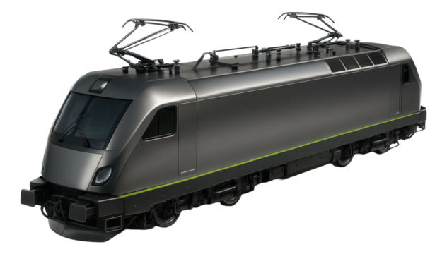 Electric locomotive showcasing a tapered front end, wide windows, and roofline pantographs