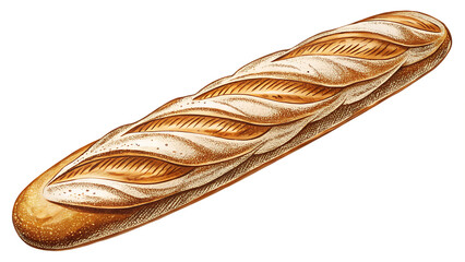 Detailed stippled illustration of a golden brown French baguette with scored crust isolated on a transparent background