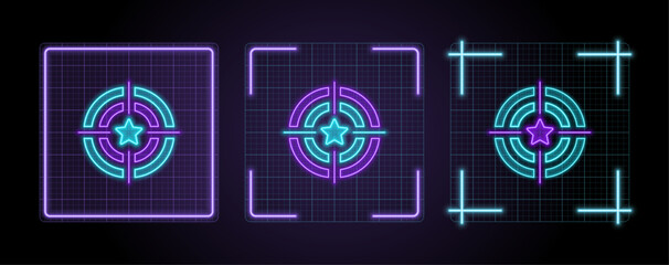 Target star icon illustration, cyber neon visual, glowing border grid vector.