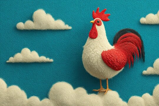 A fluffy rooster with red accents stands amid stylized clouds - Powered by Adobe