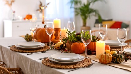 Thanksgiving dinner table setting, pumpkins, candles, fall decor