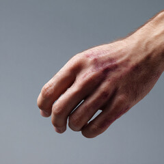 Fototapeta premium A male hand showing minor bruising and abrasions. Represents resilience, recovery, strength, or vulnerability. Ideal for healthcare, sports, or emotional wellness themes.