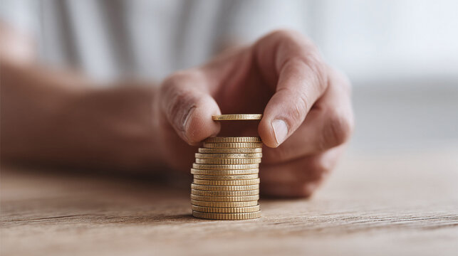 Man stacking golden coins. Symbolizes investment, savings, and financial growth. Ideal for banking, economics, or personal finance content.