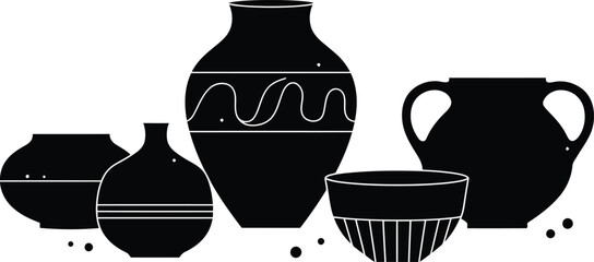 Illustration of Minimalist vector design of pottery ceramics craft by a world-class graphic designer. black and white,  no text, minimalist, abstract, clean white bac