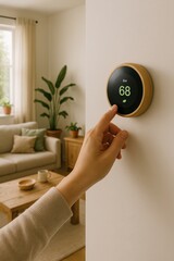 Hand adjusting smart thermostat in cozy eco-friendly living room with natural light and recycled decor