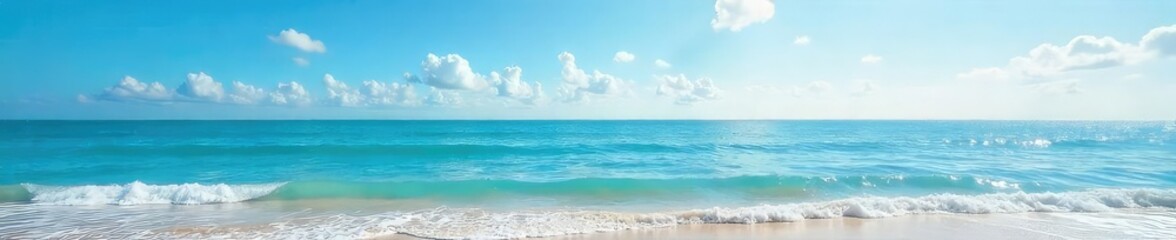 Obraz premium Serene ocean meeting the sky at the horizon, calm waves gently lapping the shore under a vast, clear sky Perfect for travel, nature, and serenity themes , calm, calm water