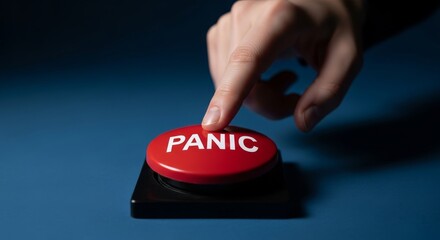 Hitting the Panic Button. Hand and Finger Reaching out and Pressing a Red Button with the words 'Panic Button' on it in white.