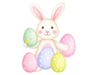 pastel Easter bunny with eggs, spring theme, transparent background